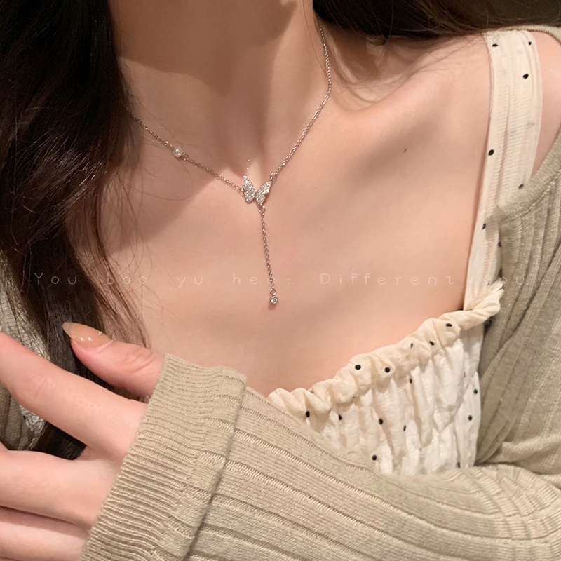 Kami Bunga Halus Perak Rumbai Rantai Mutiara Sparlking Kupu-Kupu Liontin Kalung Untuk Wanita Perempuan Korea Fashion Tulang Selangka Rantai Kalung Perhiasan Aksesoris