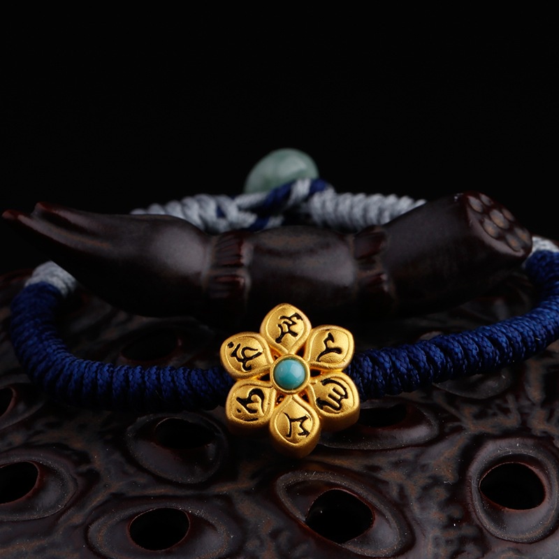 Goldkingdom Aksesoris Perhiasan Fashion Ready Stock Lao Placer Lapis Emas Asli Kadar 375 Gold Enam Karakter Mantra Transportasi Manik-Manik 3D Lapis Emas Asli Kadar 375 Hati Meridian Bless Pingan Lutong Gelang