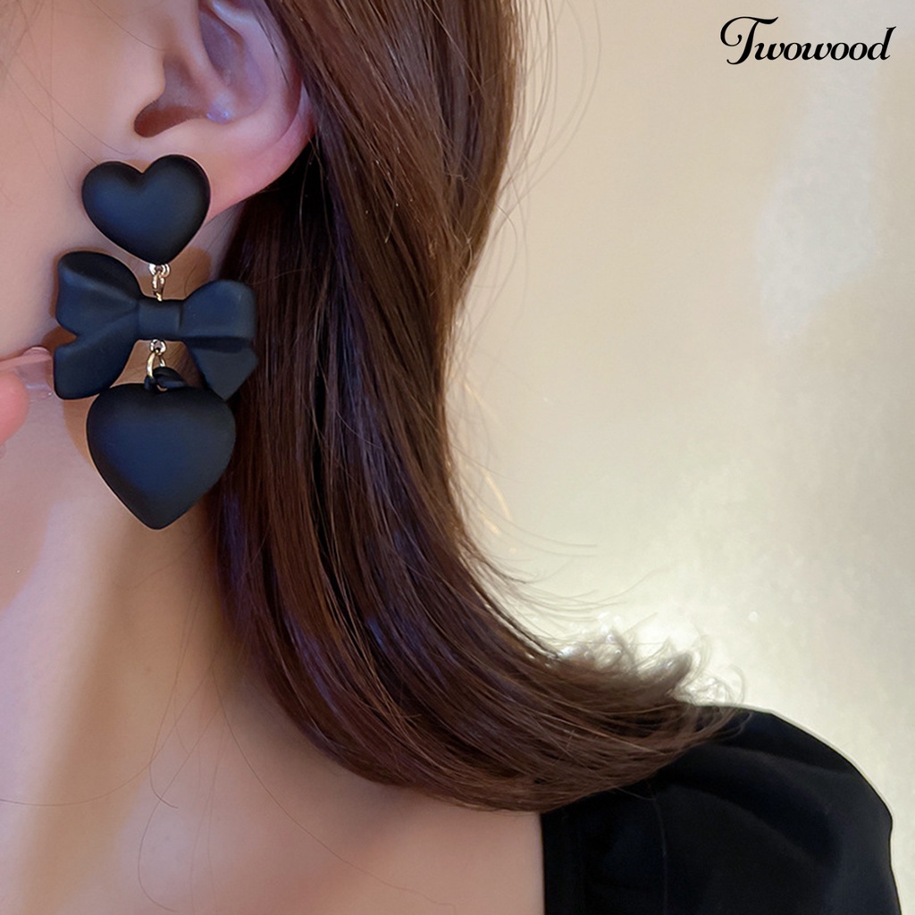 Twowood 1pasang Anting Tusuk Gothic Retro Berlebihan Elegan Hadiah Fashion Perhiasan Hati Hitam Ikatan Simpul Liontin Drop Earrings Untuk Pesta