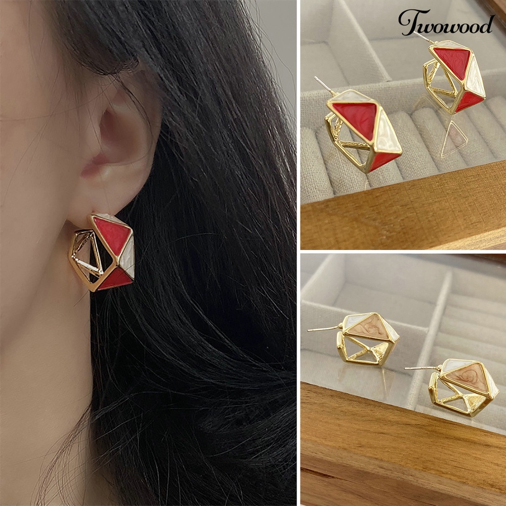 Twowood 1pasang Anting Stud Vintage Temperamen Geometris Sederhana Meriah Hias Warna Merah Wanita Belah Ketupat Liontin Drop Earrings Perhiasan Untuk Tahun Baru Cina