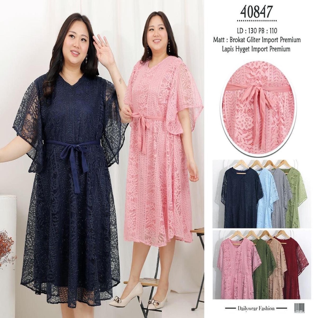 40847 / Dress Wanita Brokat Jumbo Terbaru Ld 130 / Casual Dress Lapis Hyget Import Premium