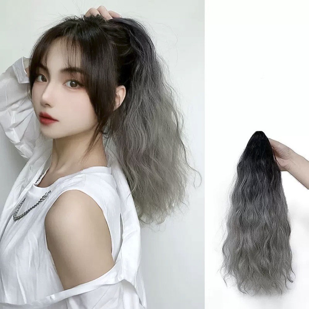 Wanita Gadis Gradien Panjang Keriting Wig Alami Ponytail Rambut Ekstensi Dengan Klip Aksesoris Rambut