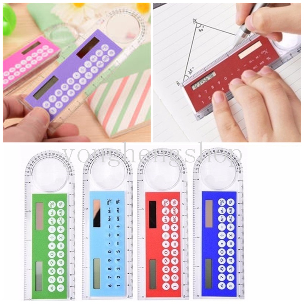 Kreatif 3in1 Penggaris Kartu Surya Dengan Kaca Pembesar Mini Portable Kalkulator Penggaris Sudut Hadiah Anak Sekolah Kantor Supply Alat Tulis Siswa Alat Tulis Matematika