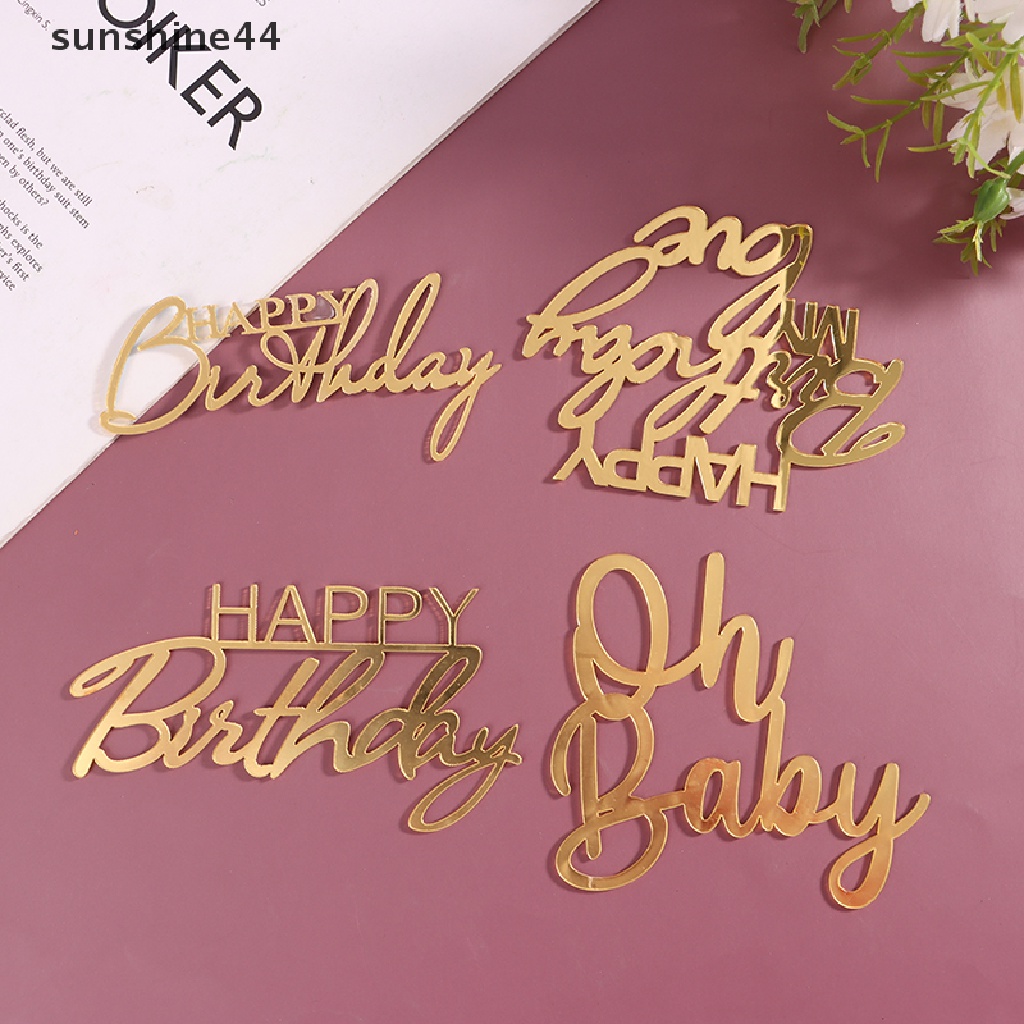 Sunshine 1Pc Topper Kue Happy Birthday Unik Gold Akrilik Topper Cupcake Ulang Tahun ID