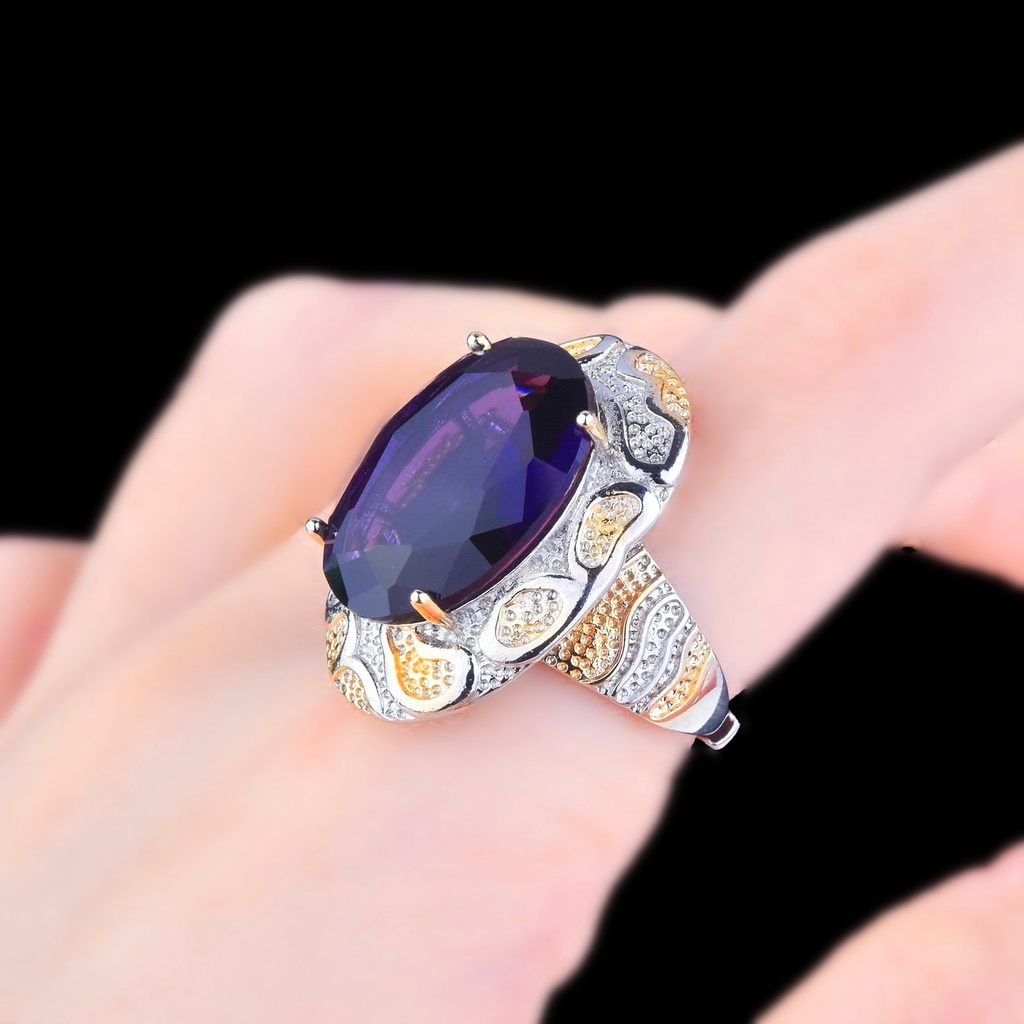 Goldkingdom Aksesoris Perhiasan Fashion Ready Stock Italy Dua Warna Kerajinan Emas Asli Kadar 375 Tangan Hias Imitasi Berlian Ungu Alami Cincin Anyaman Ukir Emas Asli Kadar 375 Pembukaan Cincin Warna-Warni.