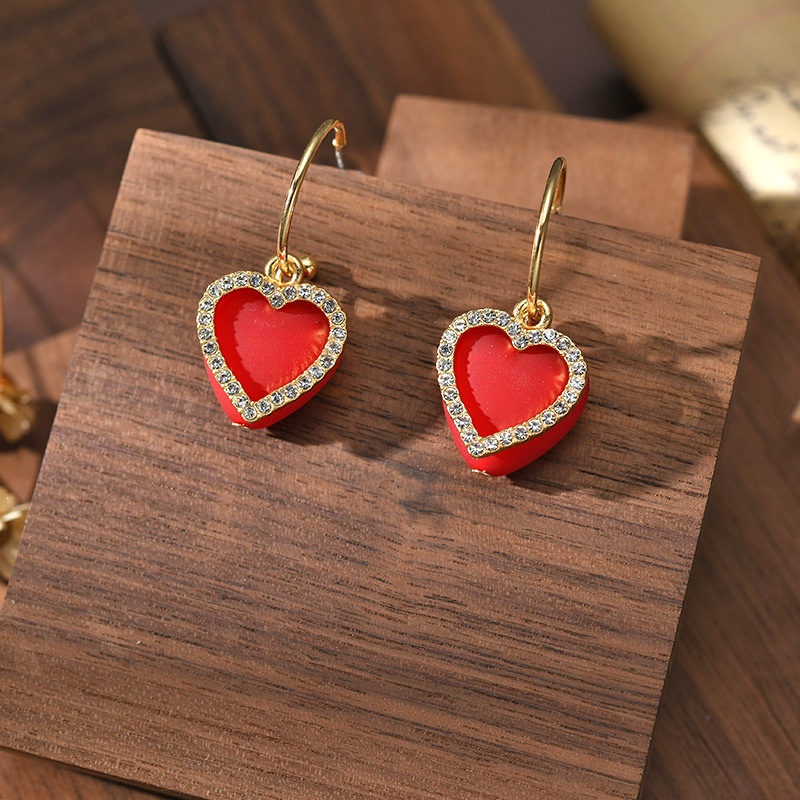 T Temperamen Merah Cinta Hati Anting Tahun Baru925 Perak Jarum Manis All-Match Peach Hati Anting Earrings Earrings