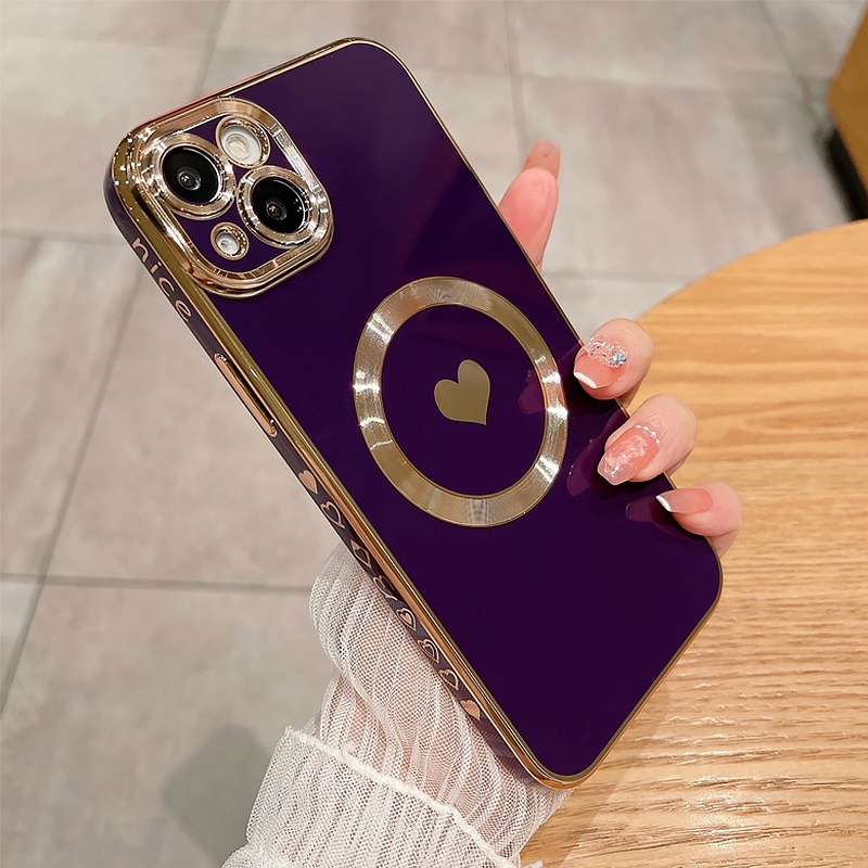 IPHONE Plating Magnetik Untuk Magsa Wireless Charging Case Untuk Iphone14 13 12 Pro Max11 Cinta Hati Kamera Pelindung Ponsel Penutup Belakang