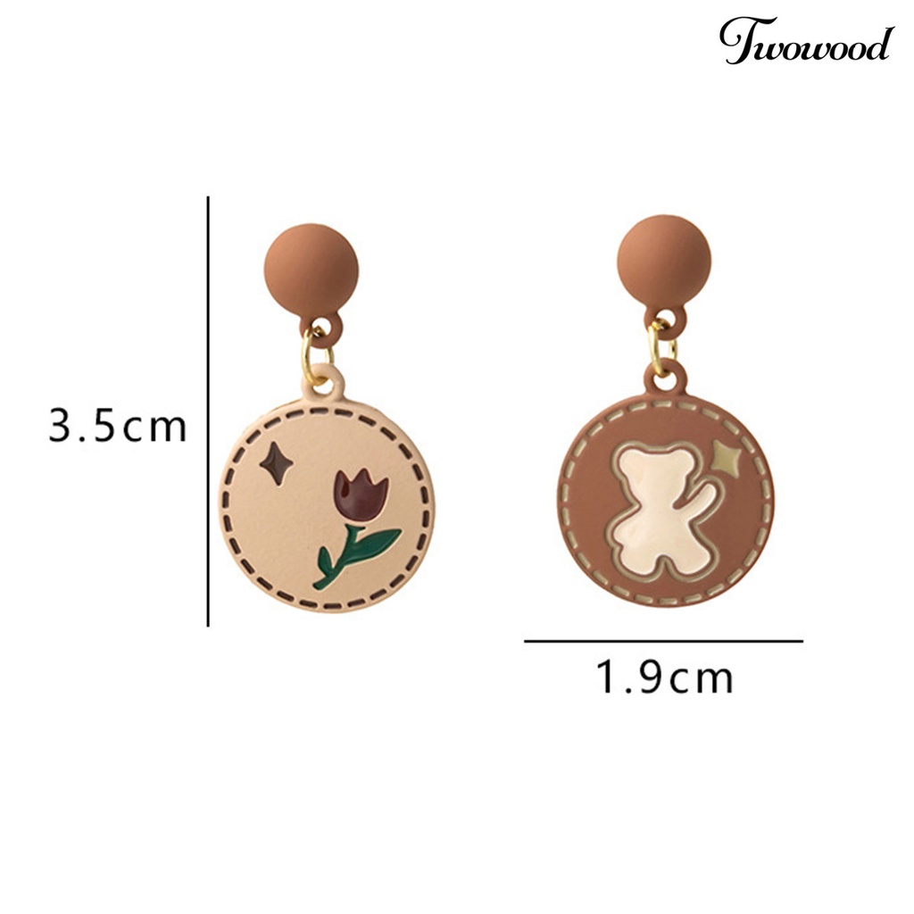 Twowood 1pasang Anting Menjuntai Gaya Jepang Warna Senada Bulat Lucu Retro Hadiah Fashion Perhiasan Kartun Beruang Bunga Mawar Telinga Studs Untuk Pacaran