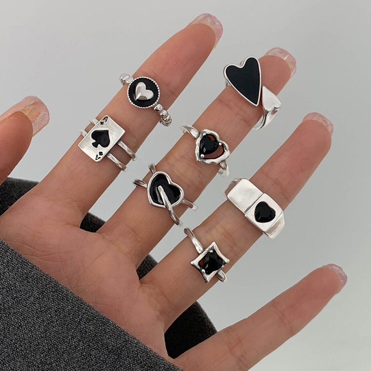 AY(CN) Ay (CN) 7Pcs/Set Retro Spades Heart Ring Set Menjatuhkan Minyak Cincin Perak Untuk Aksesoris Perhiasan Wanita