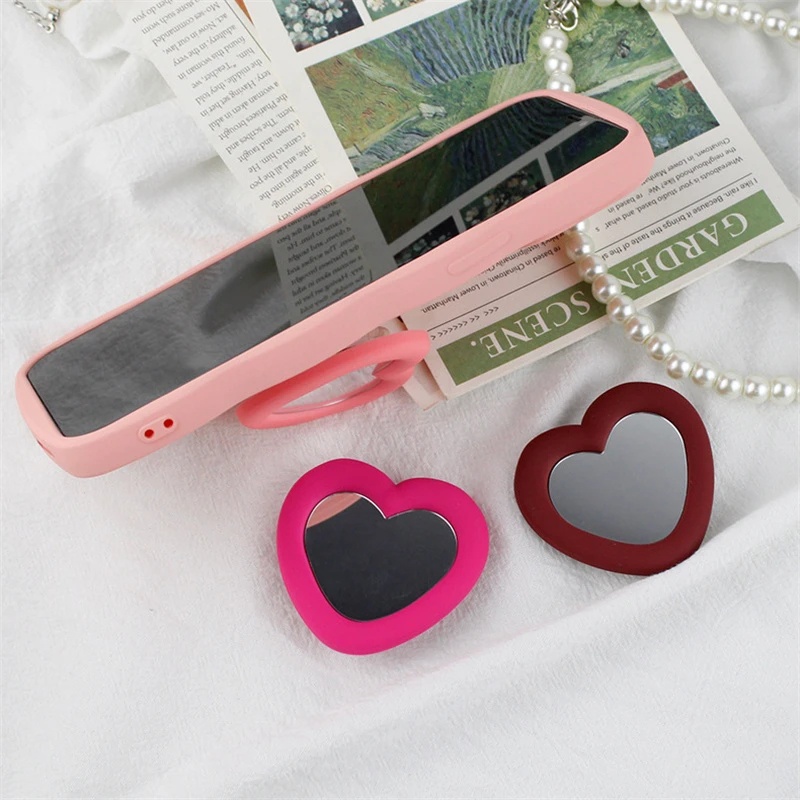 Ins Love Heart Mirror Phone Holder/Cincin Jari Korea Lembut Silikon Stretchable/Bracket Penyangga Ponsel Universal