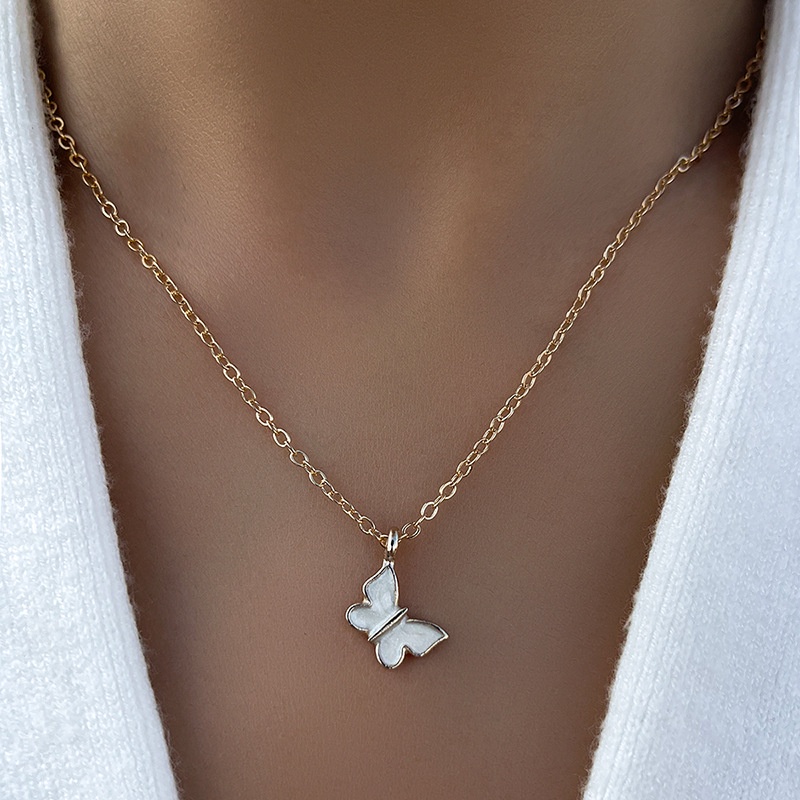 Rantai Kerah Kupu-Kupu Desain Minoritas Perancis Ins Style Kalung Liontin Kupu-Kupu Putih Minyak Drop Sederhana