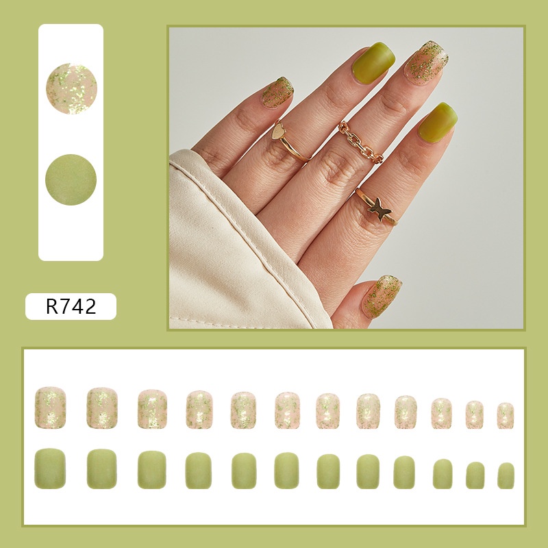 New Spring Matte Green Shiny Shards Fake Nails Paku Palsu Persegi Isi 24pcs/box R742