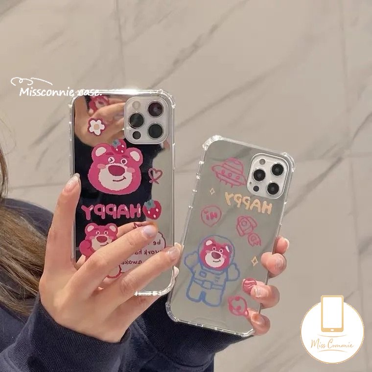 Kartun Astronot Manyo Casing Ponsel Kompatibel Untuk iPhone 7plus 11 13 12 Pro MAX XR 7 8 Plus X XS MAX SE 2020 Beruang Strawberry Lucu Shockproof Make Up Mirror Soft Cover