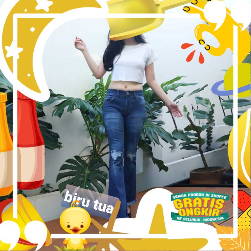 OOTD Celana Cutbray Rawis Jeans Wanita Motif Sobek tidak tembus Kekinian dan Kece Rekomendasi Influe