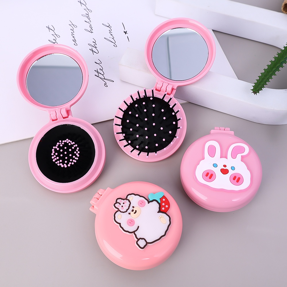 [Unggulan] 2-in-1 Sisir Rambut Lipat Flip Mini Cermin Pola Tiga Dimensi Yang Lucu Air Cushion Comb Daily Hair Care Tools Untuk Wanita Pijat Sederhana Sisir Bantal Udara