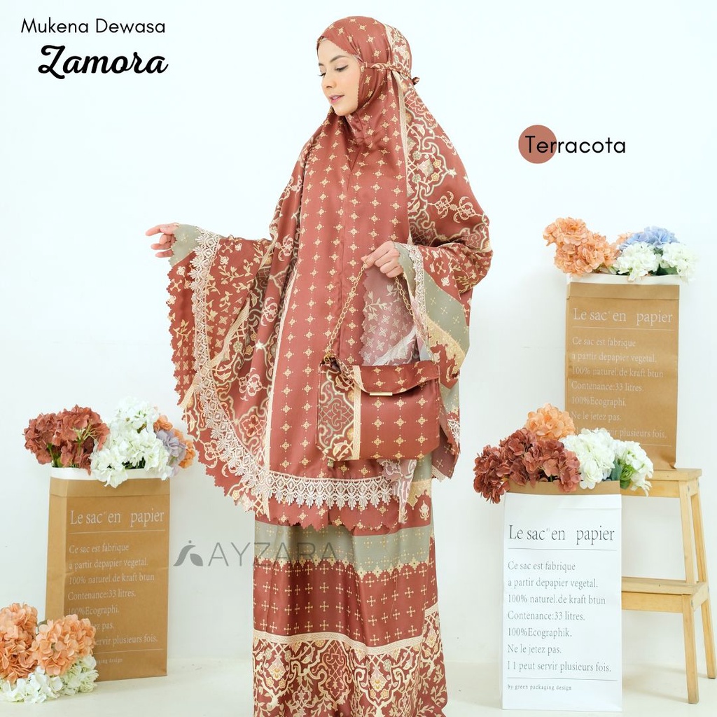 [New Arrival] Mukena Lebaran Ayzara Mukena Dewasa Zamora Maxmara Silk Tas Premium Motif Free Ongkir 