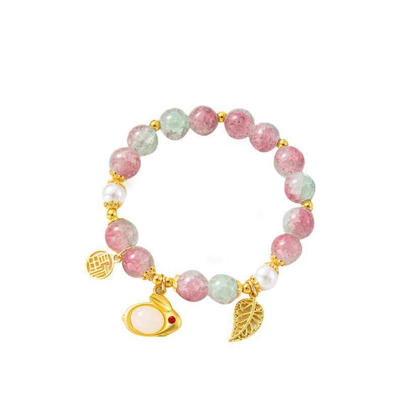 Gelang Berkah Tali Elastis Manik-Manik Kristal Giok Kelinci Fashion Korea Untuk Wanita