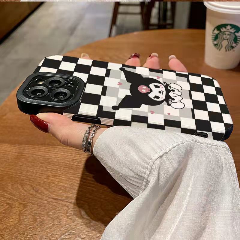 【Lamb Skin】Black and White Checked Kuromi Soft Case for IPhone 6S 7 Plus 8 Plus X XS XR XS Max 11 13 12 14 PRO Max 14 Plus 12 13 Mini Camera Protect Women's Fashion Anime Cartoon