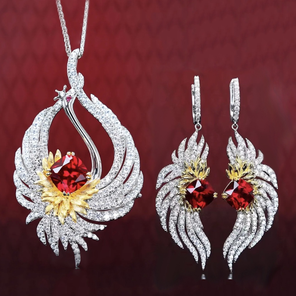 Goldkingdom Aksesoris Perhiasan Fashion Ready Stock Haute Couture Jewelry, Red Korundum, Anting Phoenix Api, Liontin Derek, Bros, Zirkon Aus Ganda