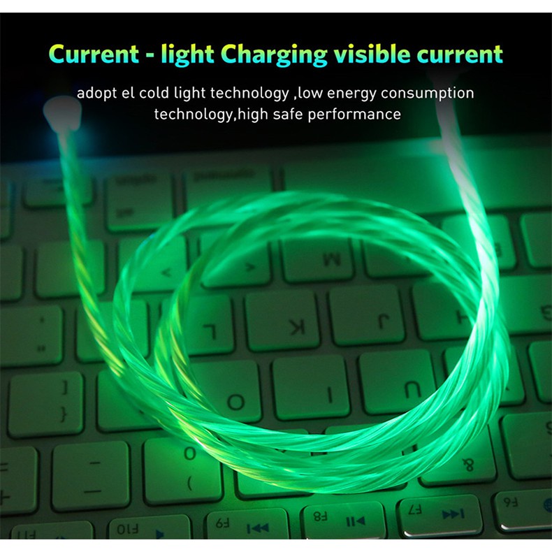 Kabel Charger Lampu LED Magnetic Flowing 2.4A Fast Charging Micro USB Type C Cable