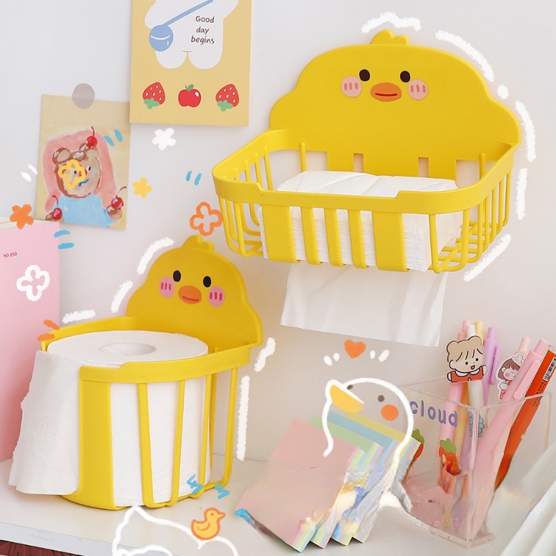 Kotak Tisu Bentuk Bebek Kecil Kartun Kerawang Bulat/Persegi/Dinding Self Adhesive Removable Toilet Paper Holder/Tempat Penyimpanan Kosmetik Rumah