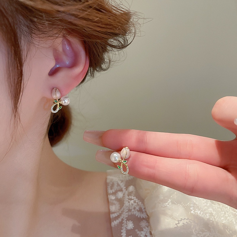 Anting Bunga Tulip Mutiara Fashion Korea Manis Fashion Anting Bunga Pink Perhiasan Wanita Korea