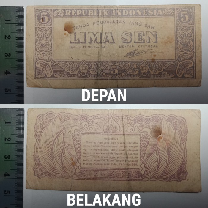 Uang Kuno Indonesia 5 SEN Asli tahun 1945 Sejarah Bangsa