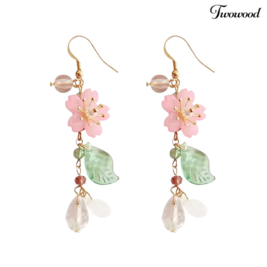 Twowood 1pasang Ladies Earrings Unik Chic Semua Pertandingan Panjang Elegan Hias Logam Bunga Sakura Menjuntai Anting Hadiah