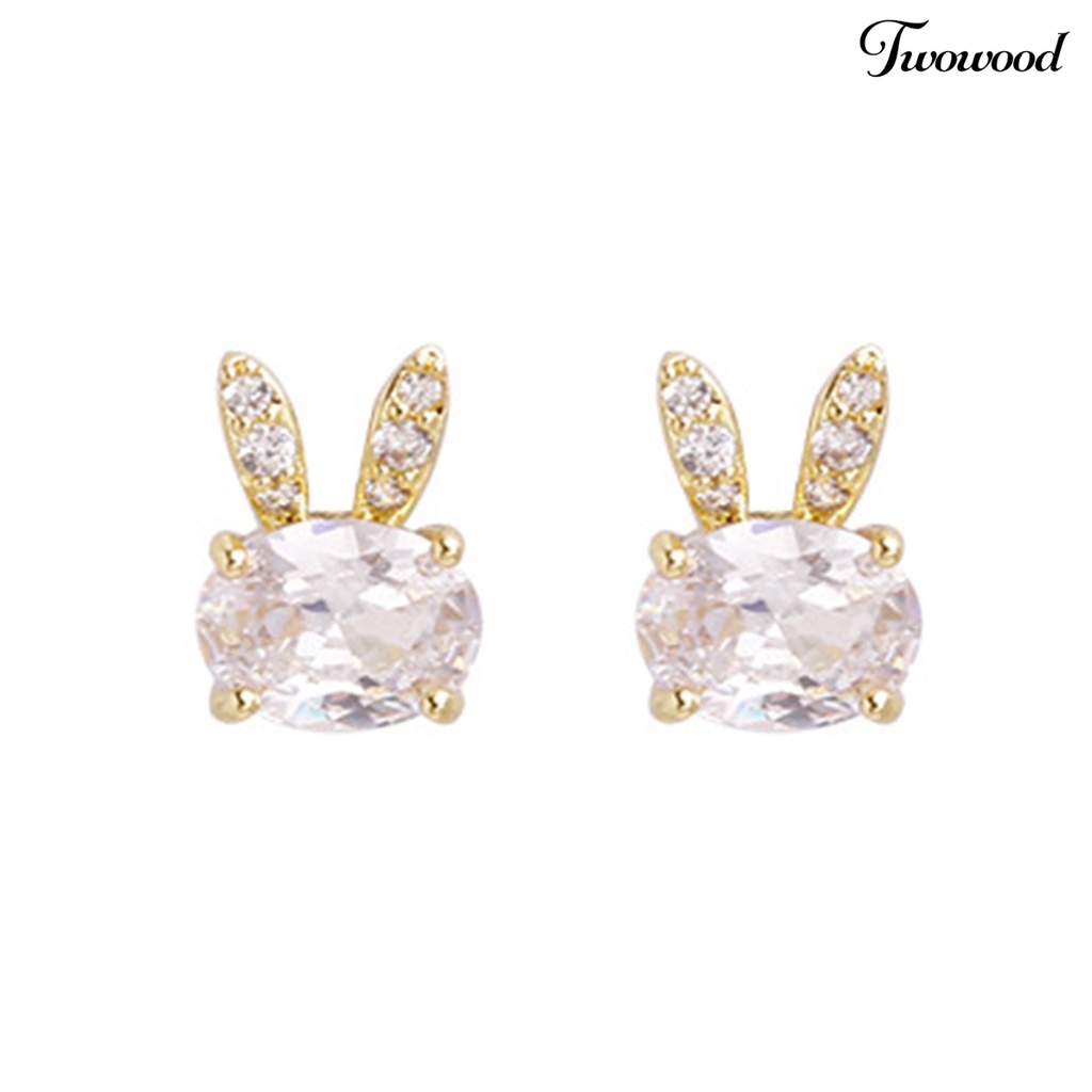 Twowood 1pasang Ear Studs Lucu Elegan Mini Hypoallergenic Berlian Imitasi Tertanam Kelinci Wanita Anting Fashion Perhiasan