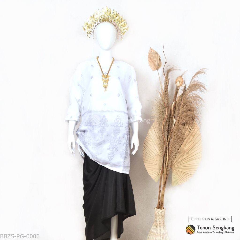 Baju Bodo Organza Modern Sulam Bugis Makassar Lengan Panjang Putih Abu-Abu  - Tenun Sengkang BBZS-PG-0006 (Harga per Pcs)