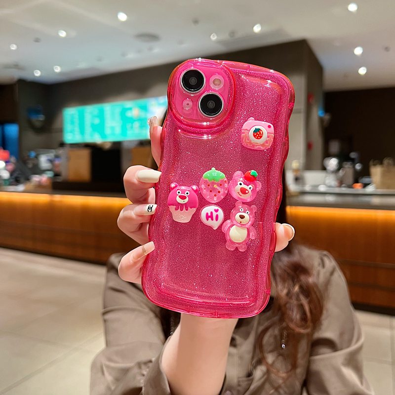 【Wave Doll】Cute LOTSO Soft Case iPhone X XR XS Max 11 12 13 14 Pro Max Strawberry Bear Cartoon Clear Phone Case Camera Protect Pink