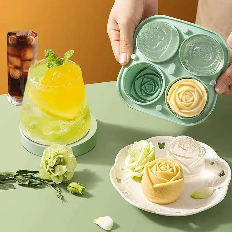 Rongga Besar4Cetakan Silikon Food Grade Untuk Es Batu Dengan Tutup Bentuk Bunga Mawar Dapat Digunakan Kembali Ice Ball Tray Aksesoris Dapur Ice Cream Maker Tools Fruit Yoghurt Whisky Ice Mold