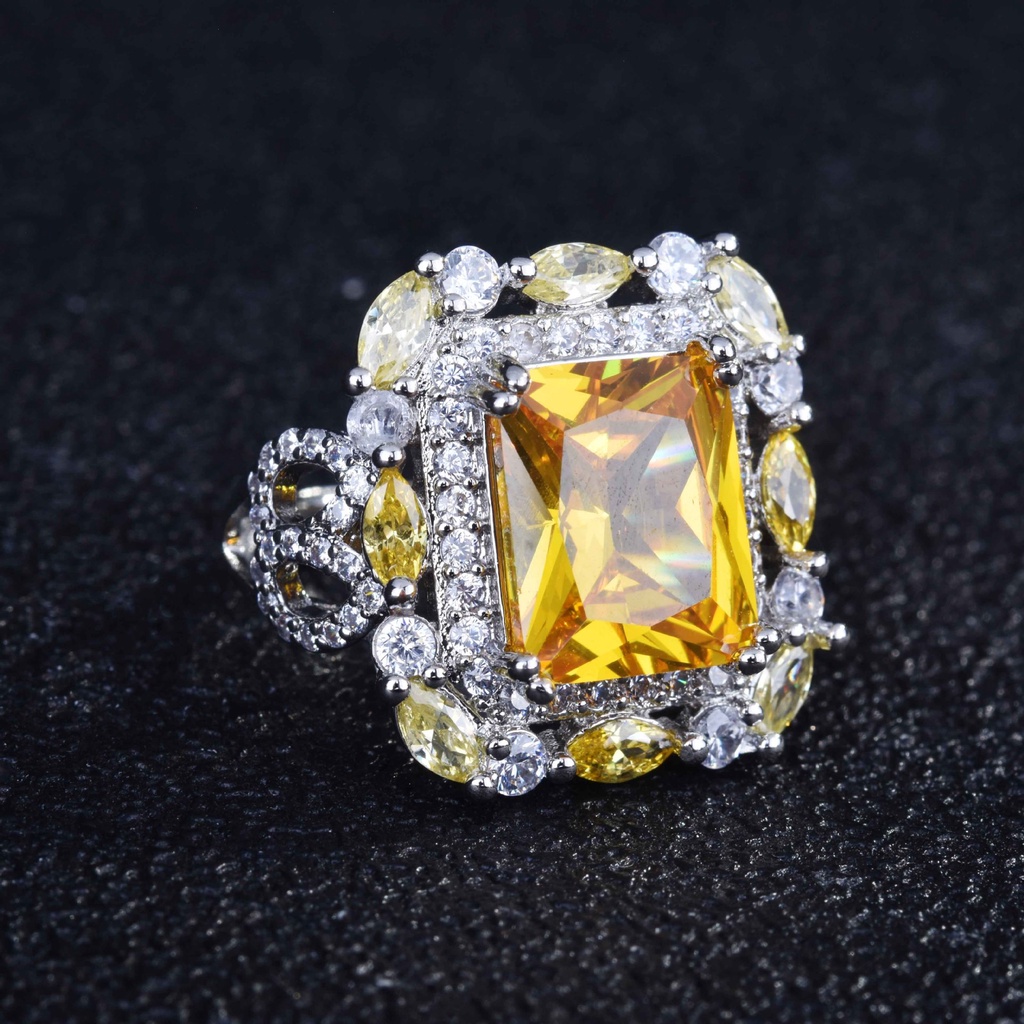 Goldkingdom Fashion Perhiasan Aksesoris Ready Stock Mewah New Citrine Berwarna Permata Cincin Eropa Dan Amerika Micro-set Mewah Putri Persegi Berlian Terbuka Cincin