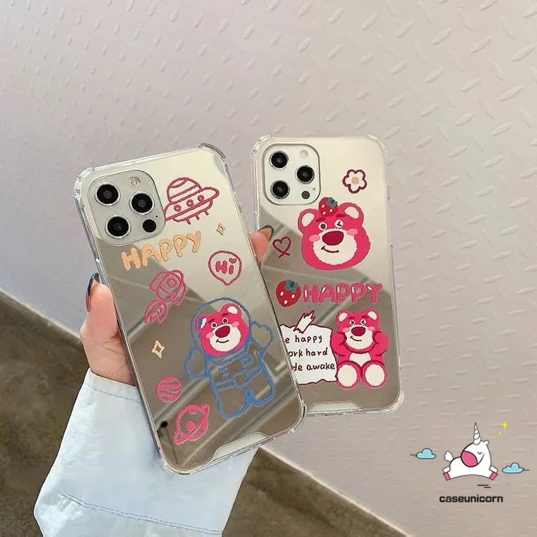 Casing Ponsel Manyo Kartun Strawberry Bear Lucu Imut Kompatibel Untuk iPhone 7plus XR 11 12 13 Pro MAX 7 8 Plus X XS MAX SE 2020 Lembut Jatuh Shockproof Make Up Mirror Back Cover