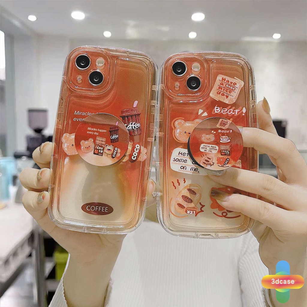 Compatible For Case IPhone 13 12 11 14 PRO MAX 6 7 6S 8 14 Plus X XR XS MAX 11 12 13 Se 2020 6SPlus 7Plus 6Plus 8Plus 14Plus XSMAX Gradual Cartoon Coffee Bear Transparent Soap Case With Stand