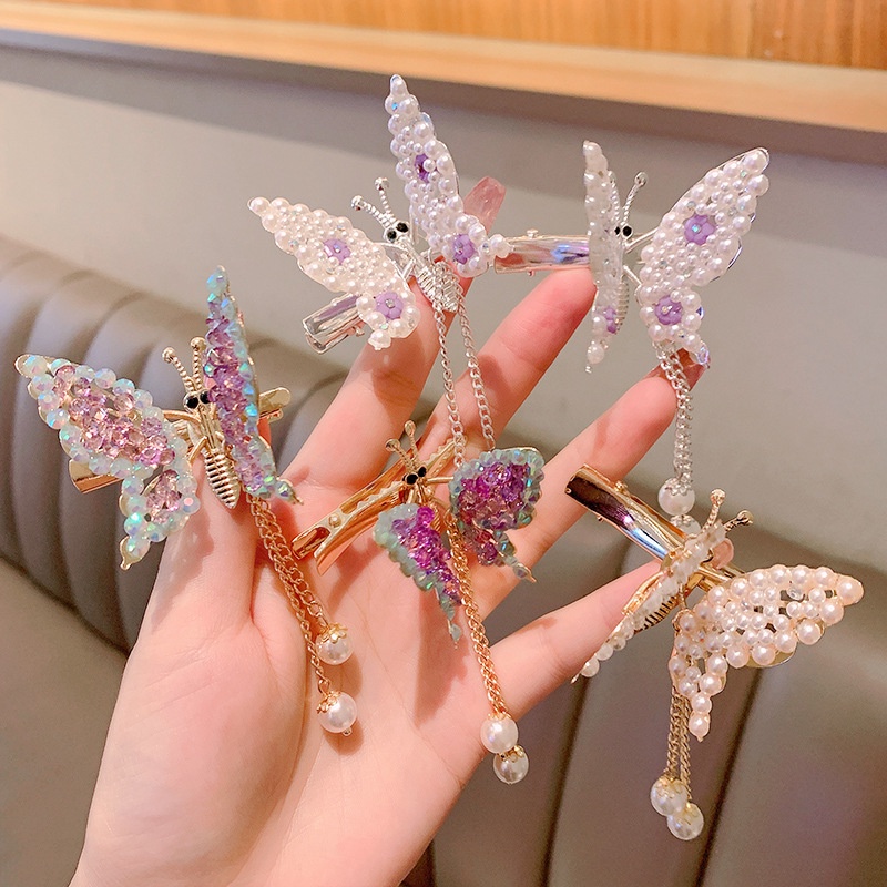 Klip Rambut Hias Kupu Bergerak Jepit Rambut Logam hair clip Sayap Ayun top clip lovely Aksesoris Rambut Wanita A Mutiara Rumbai butterfly hair clip