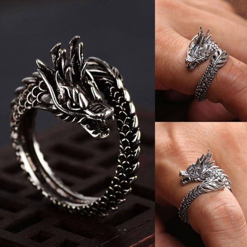 [X C Perhiasan] Cincin Pria925 Thai Perak Vintage Cincin Kepribadian Naga Cina Aksesoris Fashion