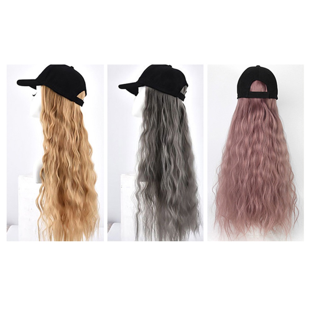 Korea Wig Panjang Topi Baseball One-piece Curly Wig Wanita Perempuan Besar Bergelombang Ekstensi Rambut 65cm