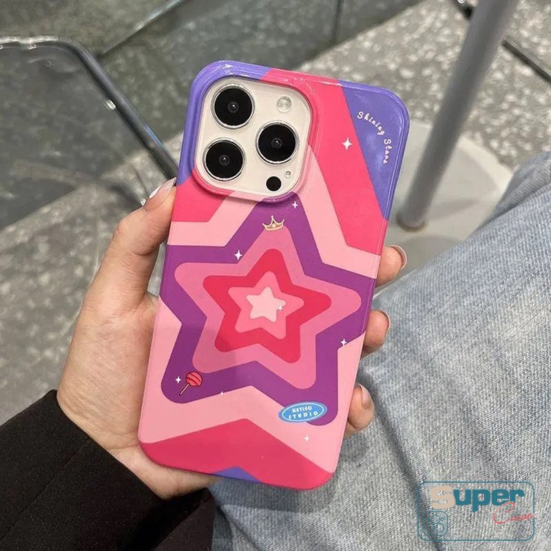 Ins Rose Red Gradient Star Love Heart Glossy Phone Case Kompatibel Untuk IPhone XR X 7Plus 11 13 14 12 Pro Max XS Max8 7 Plus SE 2020 Perlindungan Kamera Shockproof Soft Cover