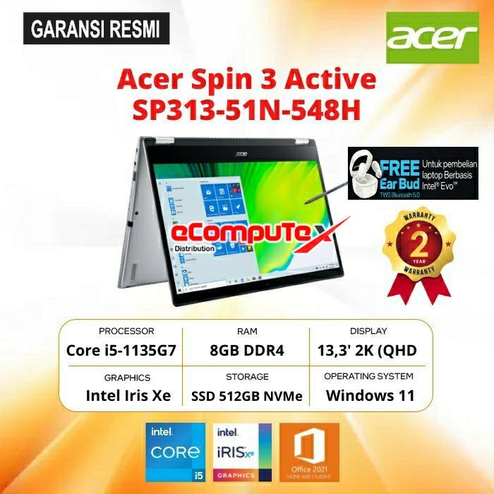 LAPTOP ACER SPIN 3 ACTIVE SP313-51N-548H TOUCH 360⁰ CORE i5-1135G7 / IRIS XE GRAPHICS 80EU / RAM 8GB 512GB SSD 13.3&quot; IPS W11+OHS GARANSI RESMI