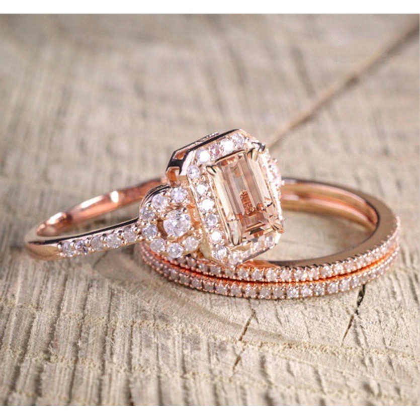 Goldkingdom Aksesoris Perhiasan Fashion Ready Stock Rose Gold Plated Set Ring Cincin Pertunangan Bertatahkan Mikro Eropa Dan Amerika