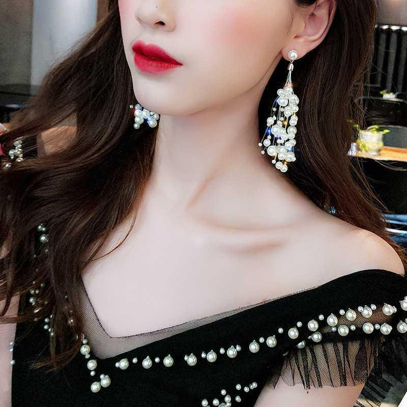 Anting Tali Mutiara Lady Temperamen Korea Baru Tidak Teratur Geometris Mutiara Panjang Rumbai Anting Earrings