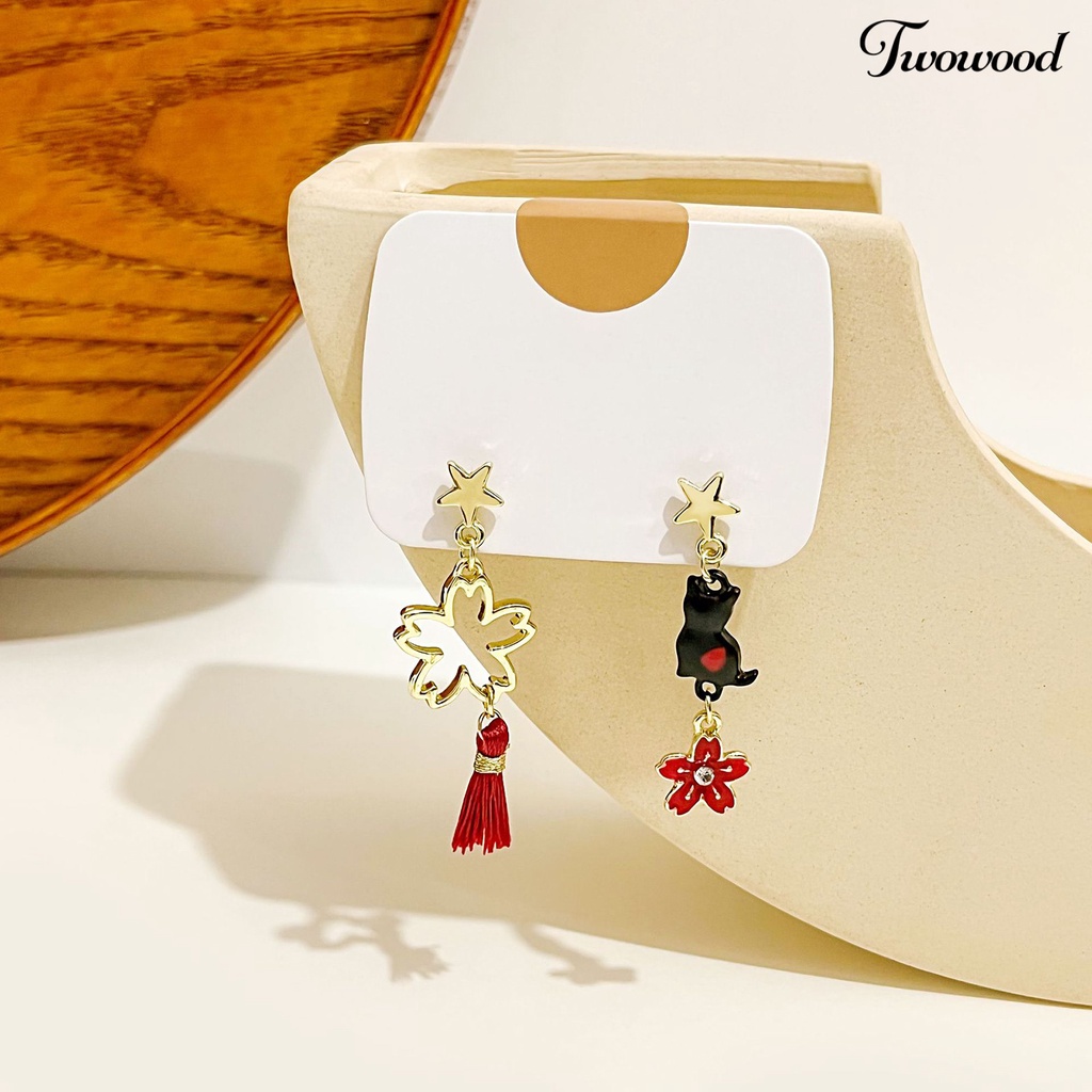 Twowood 1pasang Drop Earrings Kartun Asimetris Electroplating Liontin High Gloss Hiasan Telinga Tahan Luntur Fashion Wanita Anak Bunga Telinga Kucing Studs Untuk Pakaian Sehari-Hari