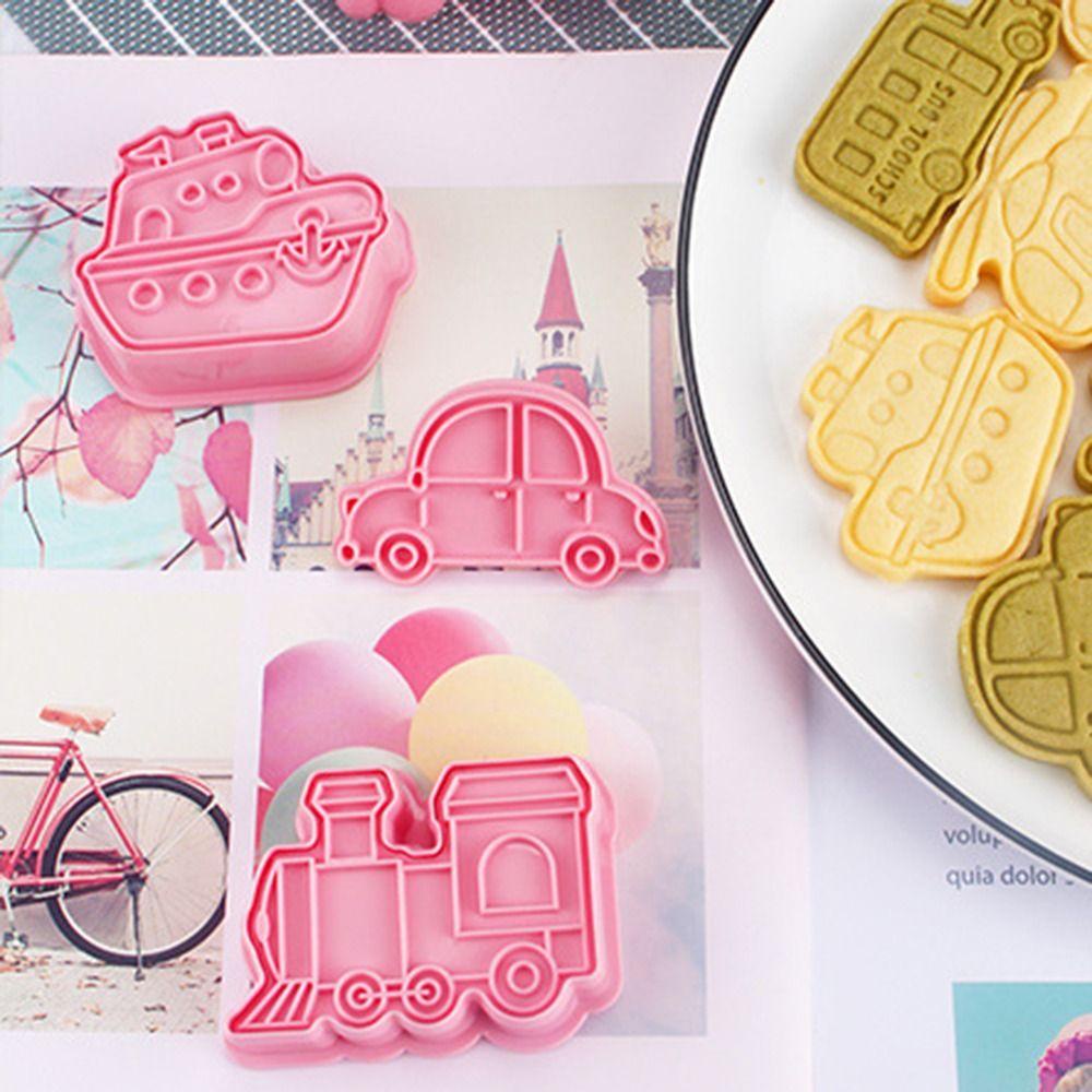 [Elegan] Cookie Cutters Pastry 6pcs/set Press Stamp Transportasi Kereta Bus Plastik Motor Helikopter Alat Dekorasi Kue