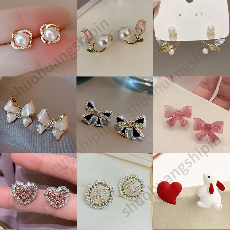 Jepang Japan Korea Gaya Baru Sederhana Manis Cinta Hati Berlian Imitasi Busur Temperamen Anting Fashion Elegan