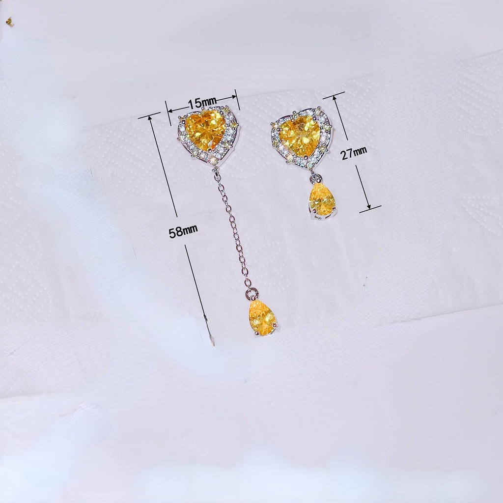 Goldkingdom Fashion Perhiasan Aksesoris Ready Stock Cahaya Mewah Manis Angin Dingin Pink Kuning Berlian Hati Asimetris Perempuan Anting Liontin