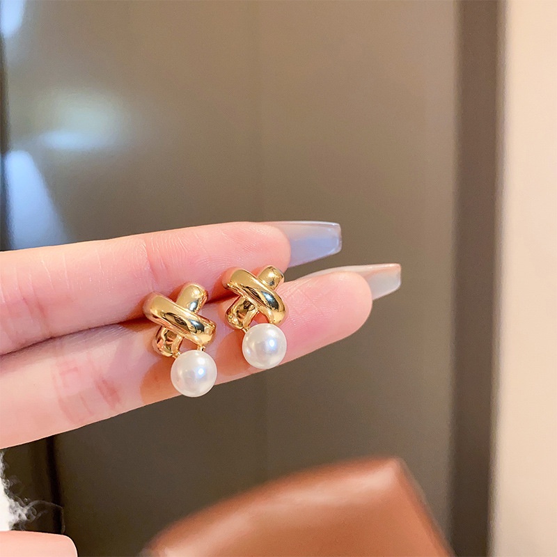 Korea Vintage Logam Salib Anting Mutiara Fashion Wanita Baru S925 Perak Jarum Anting Indah Perhiasan Hadiah