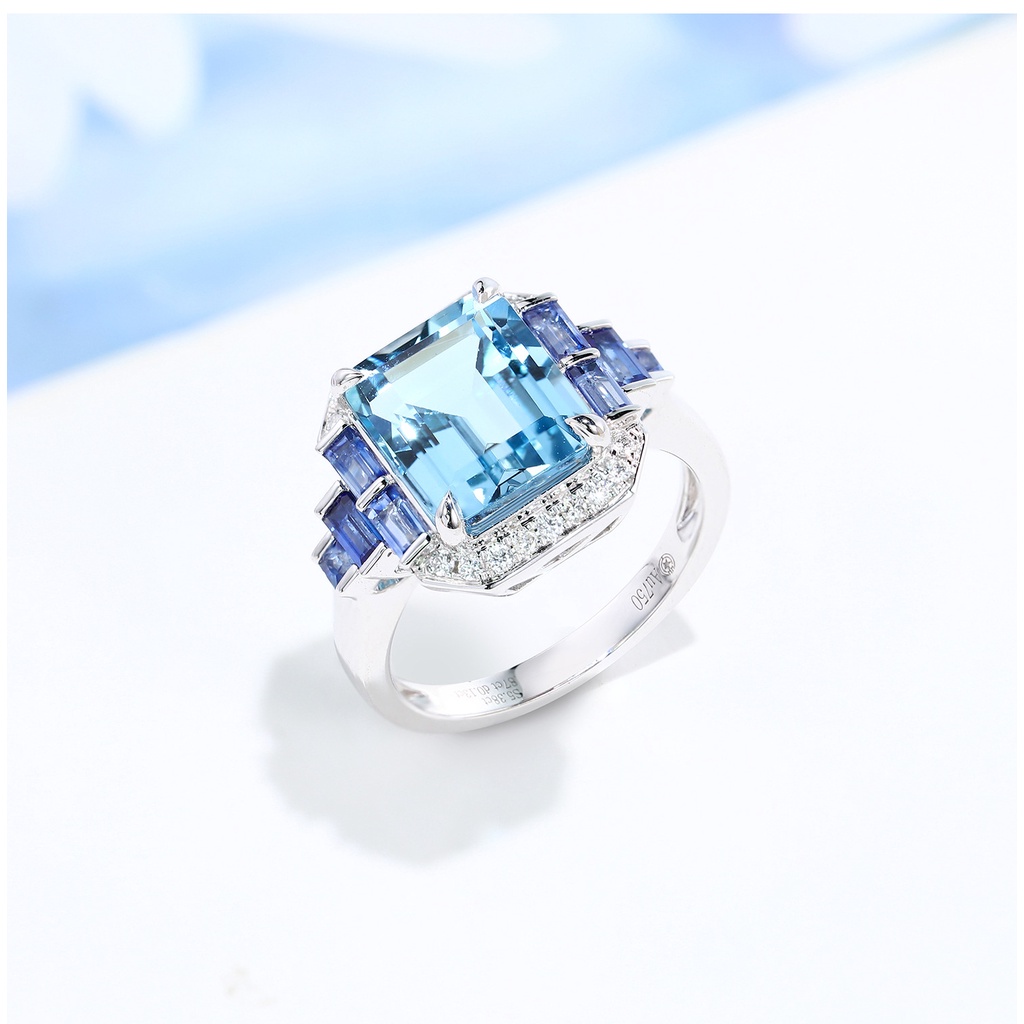 Goldkingdom Fashion Perhiasan Aksesoris Ready Stock Aurora Biru Bermutu Tinggi Perhiasan Imitasi Topaz Aquamarine Cincin Liontin Mewah Putri Berlian Warna Harta Karun Setelan Perempuan