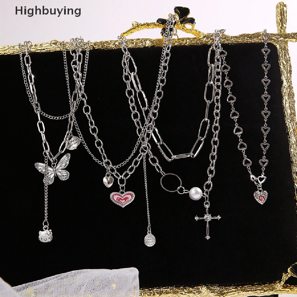 Hbid Ins net Merah Yang Sama hip-hop Mutiara Salib Liontin Kalung Orang Kecil Ganda Berlapis Cinta Kupu-Kupu Rantai Kalung Glory