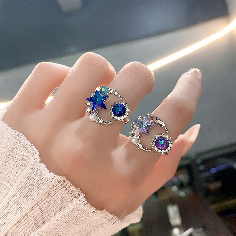 Cincin Planet Biru Mengkilap Niche Aksesoris Mahasiswa Elegan Rempah Gadis Pesta Bintang Pembukaan Cincin Mewah Mutiara Dan Berlian Ring